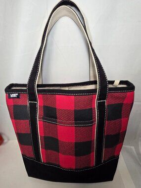 Lands’ End Buffalo Plaid Canvas Red & Black Tote Bag 5-Pocket Carryall BAG